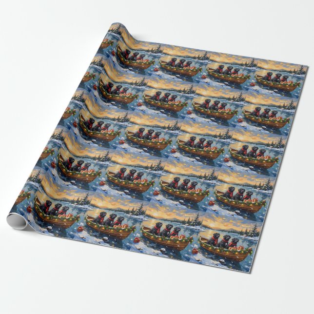 Newfoundland Dog Christmas Boat Holiday Wrapping Paper (Unrolled)
