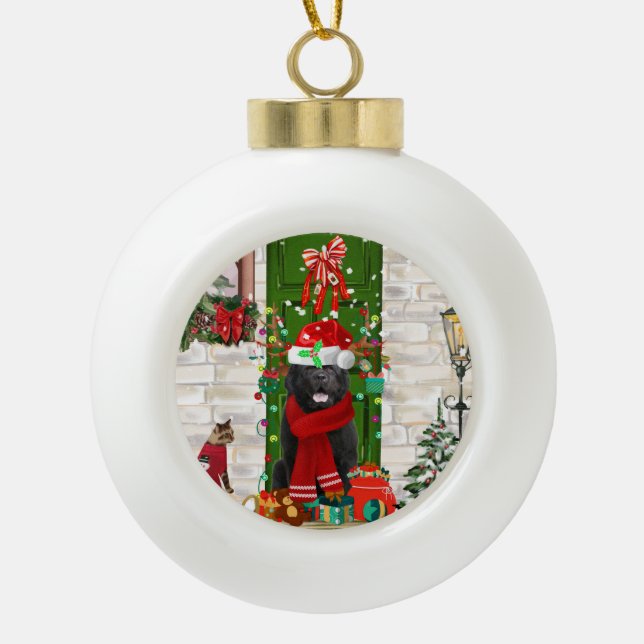 Newfoundland Dog Christmas  Ceramic Ball Christmas Ornament (Front)