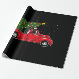 Newfoundland dog christmas on red car truck gift wrapping paper