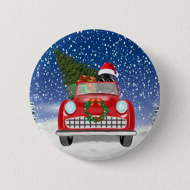 Newfoundland Dog Driving Car In Snow Christmas  6 Cm Round Badge (Front)