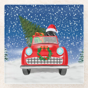 Newfoundland Dog Driving Car In Snow Christmas  Glass Coaster