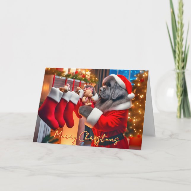 Newfoundland Dog Filling Stockings Christmas Card (Front)