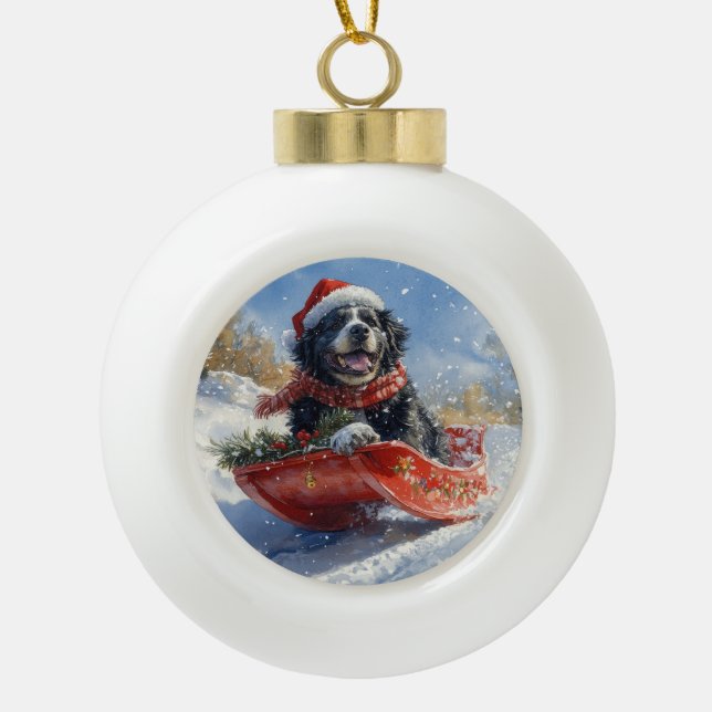 Newfoundland Dog in Sledge Let it Snow Christmas Ceramic Ball Christmas Ornament (Front)