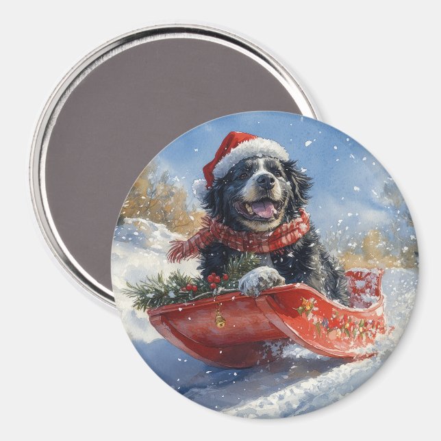 Newfoundland Dog in Sledge Let it Snow Christmas Magnet (Front/Back)
