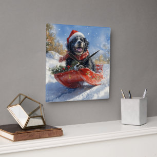 Newfoundland Dog in Sledge Let it Snow Christmas Square Wall Clock