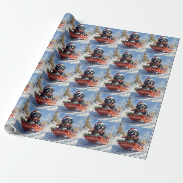 Newfoundland Dog in Sledge Let it Snow Christmas Wrapping Paper (Unrolled)