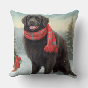 Newfoundland Dog in Snow Christmas Cushion
