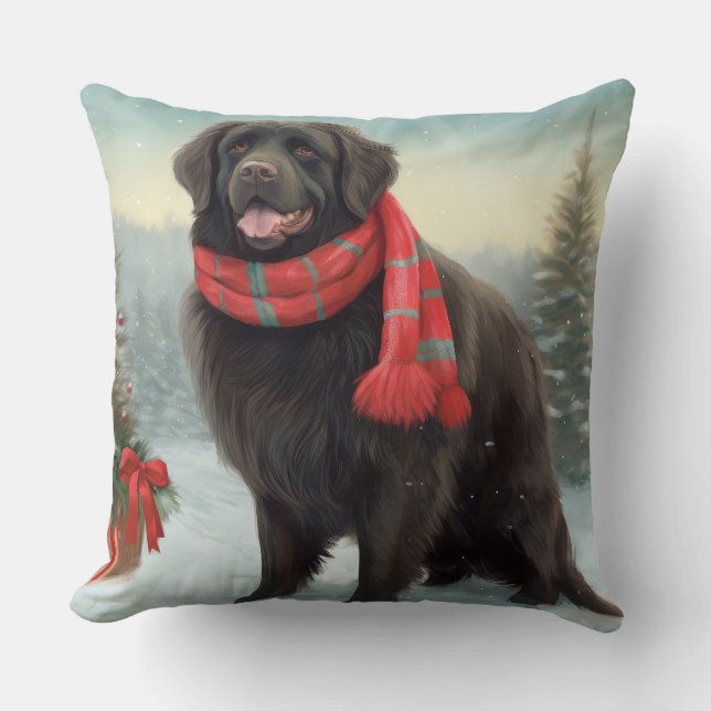 Newfoundland Dog in Snow Christmas Cushion (Front)