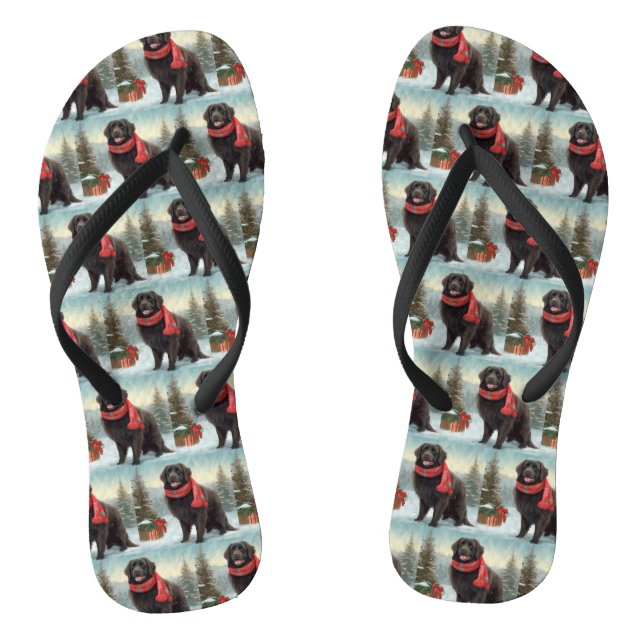 Newfoundland Dog in Snow Christmas Thongs (Footbed)