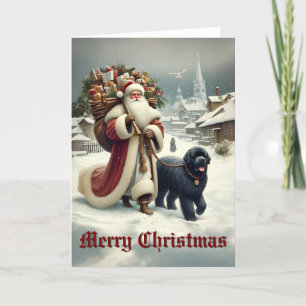 Newfoundland Dog & Old-Style Santa Holiday Card