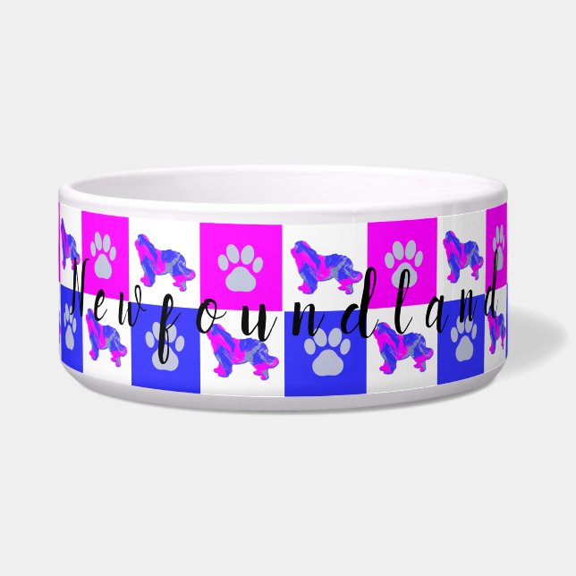 Newfoundland Dog & Paw Hot Pink & Blue Pet Bowl (Front)