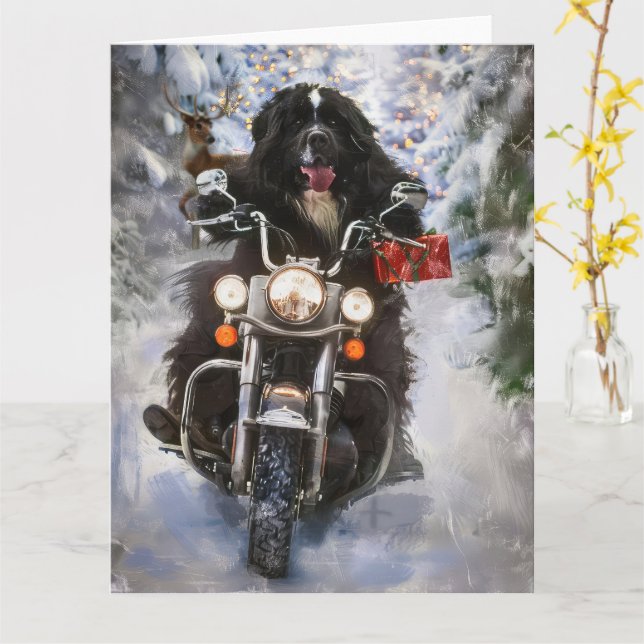 Newfoundland Dog Riding Motorcycle Christmas  Card (Yellow Flower)