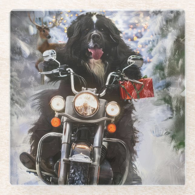 Newfoundland Dog Riding Motorcycle Christmas  Glass Coaster (Front)
