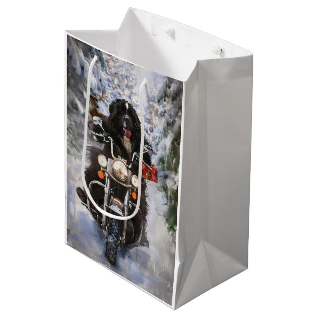 Newfoundland Dog Riding Motorcycle Christmas  Medium Gift Bag (Front Angled)