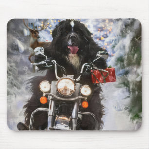 Newfoundland Dog Riding Motorcycle Christmas  Mouse Pad