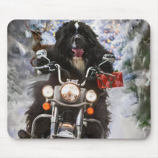 Newfoundland Dog Riding Motorcycle Christmas  Mouse Pad (Front)