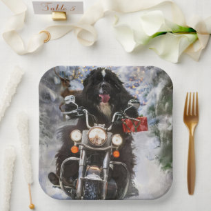 Newfoundland Dog Riding Motorcycle Christmas Paper Plate