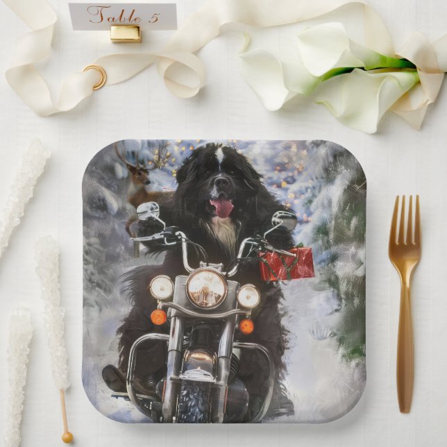 Newfoundland Dog Riding Motorcycle Christmas  Paper Plate (Wedding)
