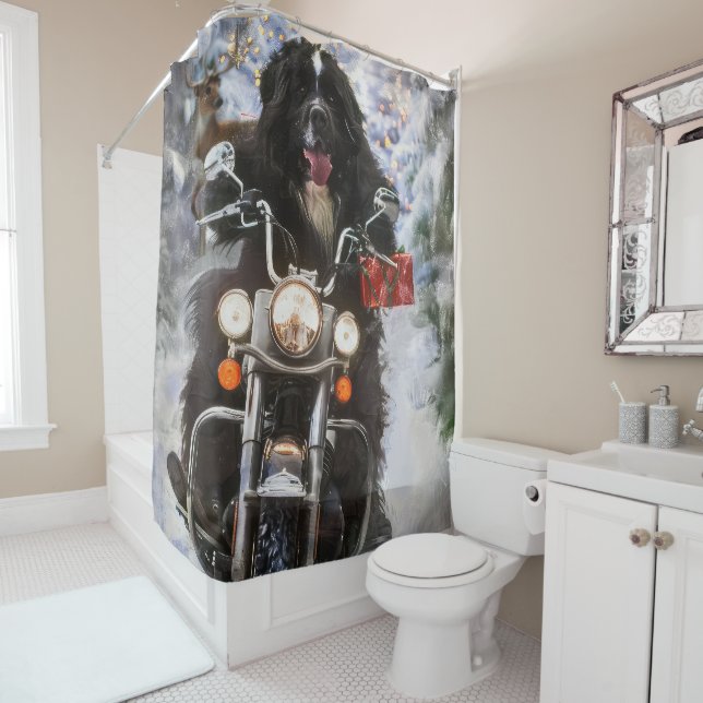 Newfoundland Dog Riding Motorcycle Christmas  Shower Curtain (In Situ)
