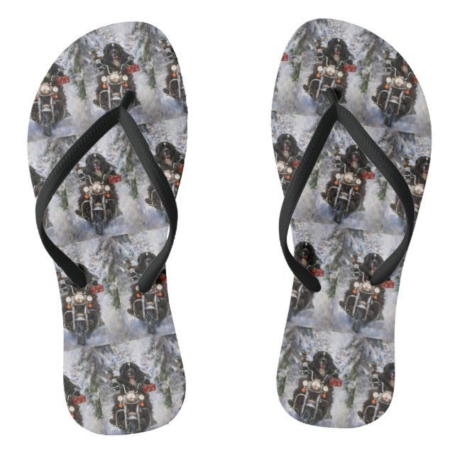Newfoundland Dog Riding Motorcycle Christmas  Thongs (Footbed)