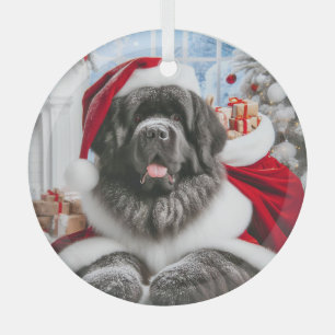 Newfoundland Dog Santa  Glass Tree Decoration