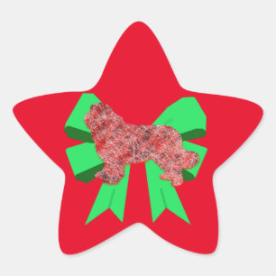 Newfoundland Dog Silhouette Green Bow Christmas Star Sticker