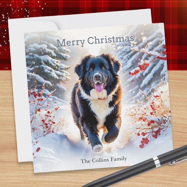 Newfoundland Dog Snow Scene Watercolor Christmas Holiday Card (Creator Uploaded)