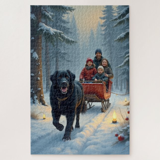 Newfoundland Dog Snowy Sleigh Ride Christmas Jigsaw Puzzle (Vertical)