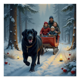 Newfoundland Dog Snowy Sleigh Ride Christmas Poster