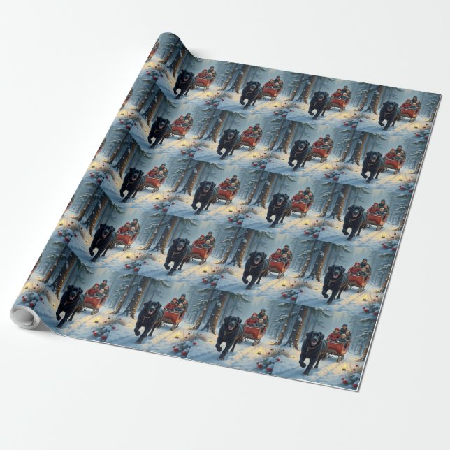 Newfoundland Dog Snowy Sleigh Ride Christmas Wrapping Paper (Unrolled)