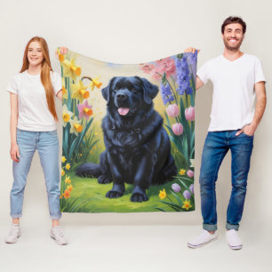 Newfoundland Dog Spring Flowers Painting Fleece Blanket