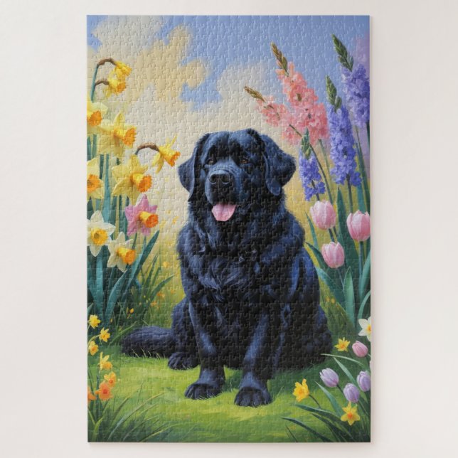 Newfoundland Dog Spring Flowers Painting Jigsaw Puzzle (Vertical)