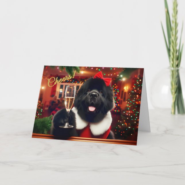 Newfoundland Dog Toasting Champagne Christmas Card (Front)
