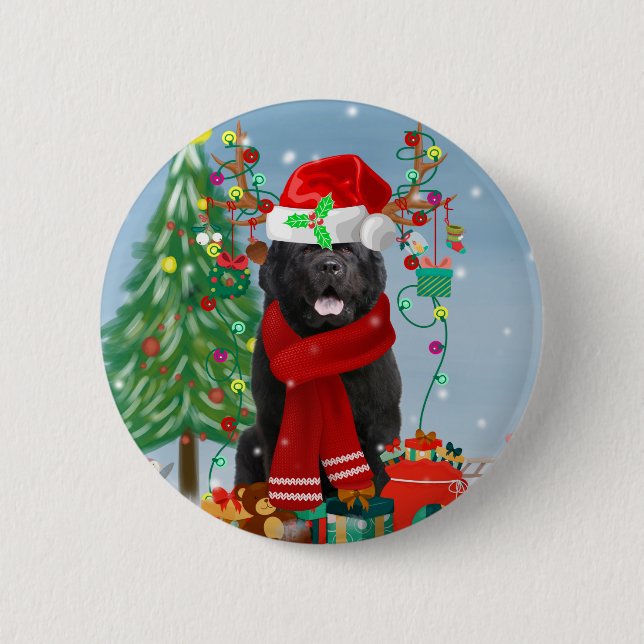 Newfoundland dog with Christmas gifts   6 Cm Round Badge (Front)