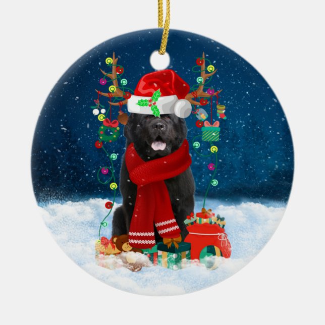 Newfoundland dog with Christmas gifts Ceramic Ornament (Front)