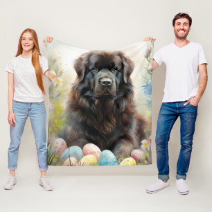 Newfoundland Dog with Easter Eggs Holiday Fleece Blanket