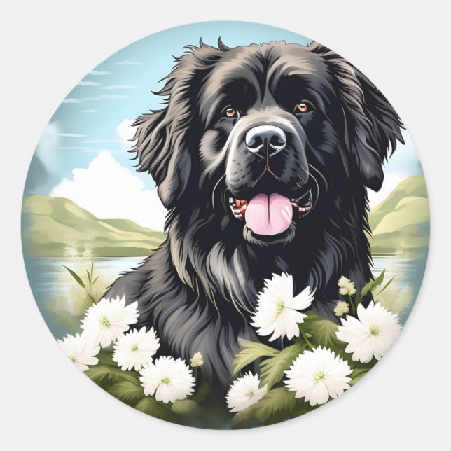 Newfoundland Dog With White Flowers Classic Round Sticker (Front)