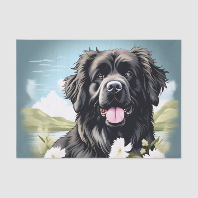 Newfoundland Dog With White Flowers Tissue Paper (Front)