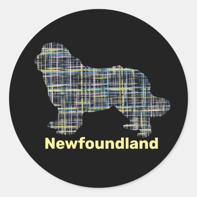 Newfoundland Dog Yellow & Blue Grid Classic Round Sticker (Front)