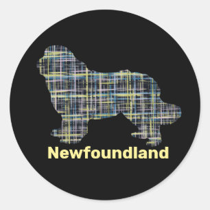 Newfoundland Dog Yellow & Blue Grid Classic Round Sticker