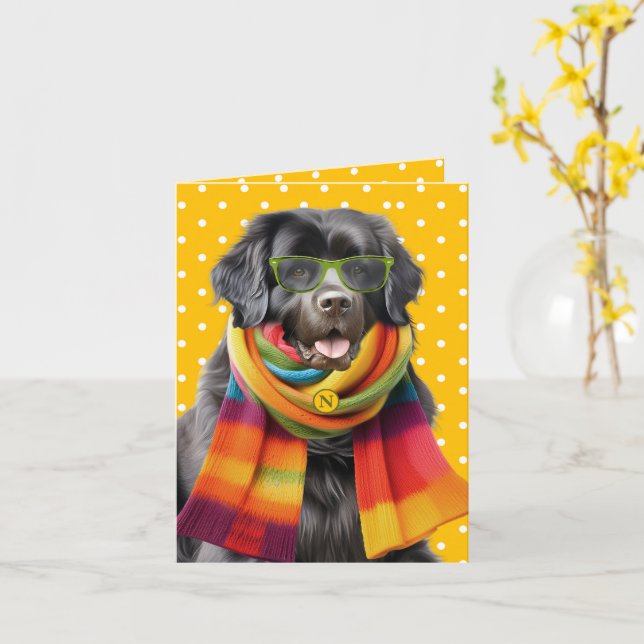 Newfoundland Dog Yellow Dot Pattern Monogrammed Card (Yellow Flower)