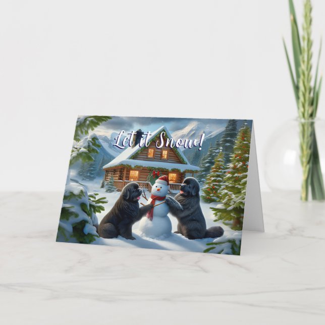Newfoundland Dogs Building a Snowman Card (Front)