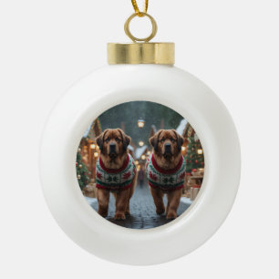 Newfoundland Dogs Christmas Snow Holiday Ceramic Ball Christmas Ornament