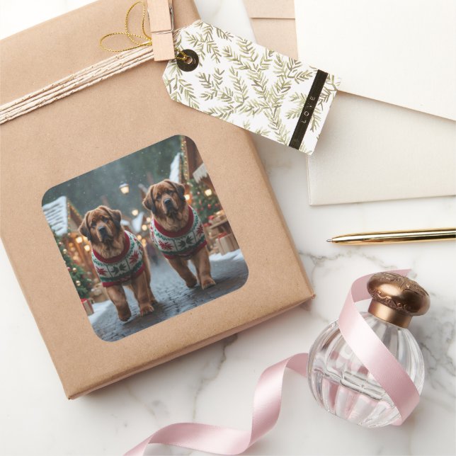 Newfoundland Dogs Christmas Snow Holiday Square Sticker (Gifting)