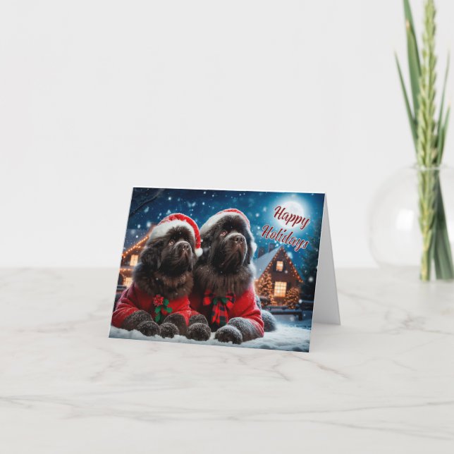 Newfoundland Dogs Happy Holidays Christmas Card (Front)