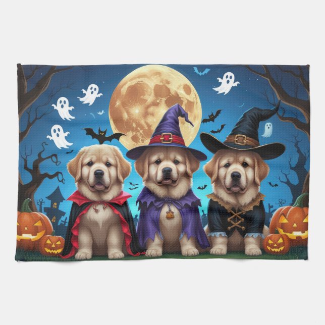 Newfoundland Dogs Pumpkin Halloween Funny  Tea Towel (Horizontal)