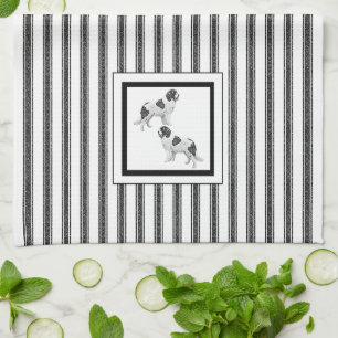 Newfoundland  Landseer  on black and white stripe Tea Towel