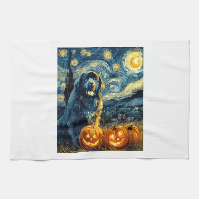 Newfoundland Newfie Cute Dog Halloween Jack O Lant Tea Towel (Horizontal)