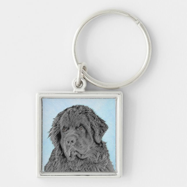 Newfoundland Painting - Cute Original Dog Art Key Ring (Front)