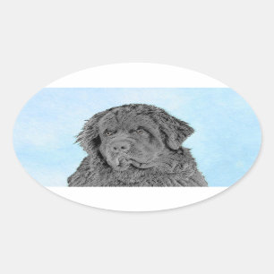 Newfoundland Painting - Cute Original Dog Art Oval Sticker